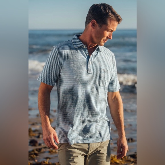FAHERTY Salt Wash Indigo Striped Polo Blue and White Men's Size Large - Picture 1 of 15